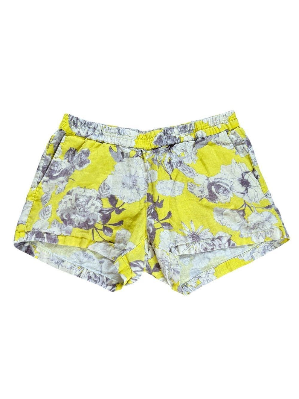 Kut From The Kloth Linen Shorts Yellow Floral Womens Size 4 Pockets Pull On